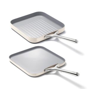 Caraway Griddle Pan & Grill Pan Duo - Non-Stick Ceramic Coated - Non Toxic, PTFE & PFOA Free - Oven Safe & Compatible with All Stovetops – Cream