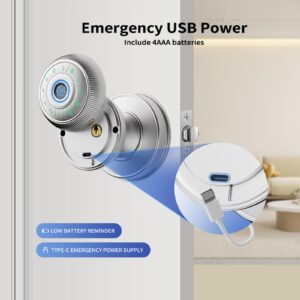 Fingerprint Door Lock,Smart Door Knob,biometric lock, keypad entry,keyless handle.Ideal for bedroom,home,hotel,office,apartment.Enhances security & convenience. (Silvery)