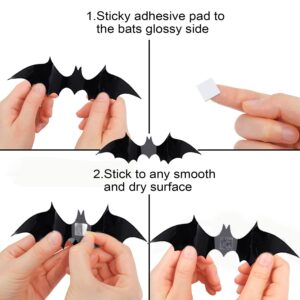 Lonfehaps 100 Pcs Bats Halloween Decoration Wall Stickers, 3D Halloween Bats Waterproof Wall Stickers 4 Size Black PVC Bat Wall Decal for Halloween Bathroom Home Decor Room Party Decor