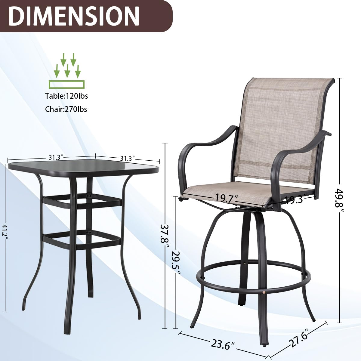 ARTLOFT 3 Piece Patio Bar Set Outdoor High Top Table and Chairs 360° Swivel Chairs Tall Patio Table with Tempered Glass Top Outdoor Bistro Furniture for Porch, Yard, Garden, Balcony, Deck (Grey)