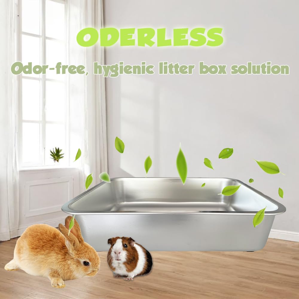 Large Stainless Steel Litter Box for Rabbits, Guinea Pigs, Chinchillas, Ferrets, Small Animals, Non-Stick, Odor Control, Easy Clean, Rust Proof, High Sides, Non-Slip Feet (15.8''L x 11.8''W x 2.8''H)