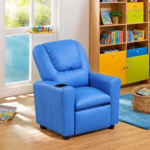 Majnesvon 2-in-1 PU Leather Kids Recliner Chair with Cup Holder, Modern Adjustable Single Sofa for Boys & Girls (Blue)