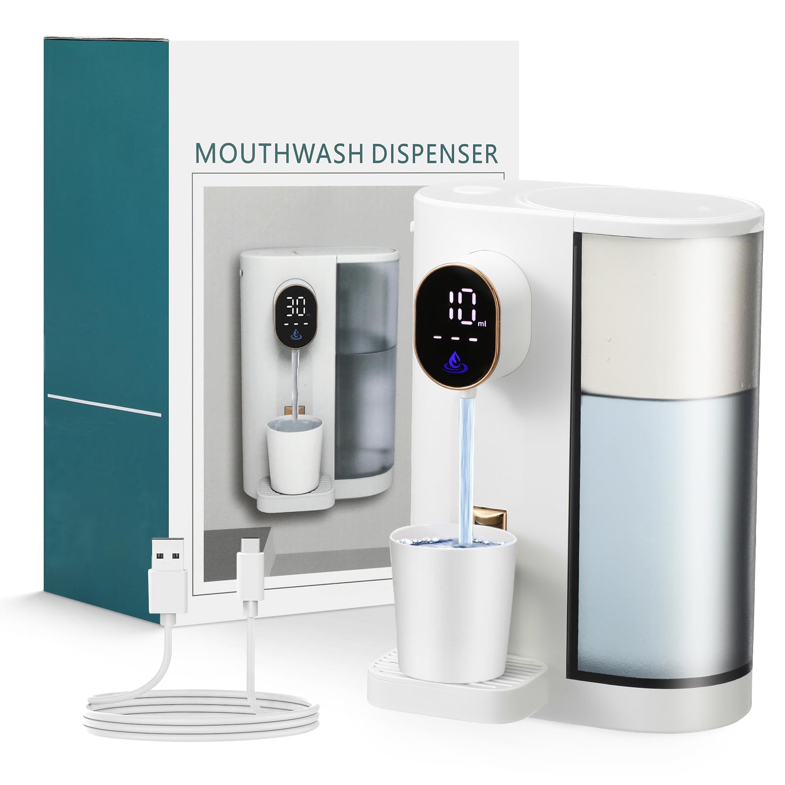 DeeWaves Automatic Mouthwash Dispenser for Bathroom,20.29 Fl Oz Smart MouthWash Dispenser for Kids and Adult with Magnetic Cups, 4 Dispensing Levels,LED Screen,Wall Mounted Dispenser,USB Rechargeable