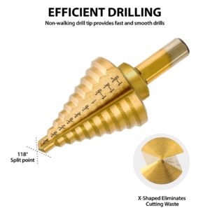 Aocoom Titanium-Coated Step Drill Bit Set for Metal, High-Speed Steel Stepped Drill Set, 50 Sizes with Automatic Center Punch, Includes Aluminum Case