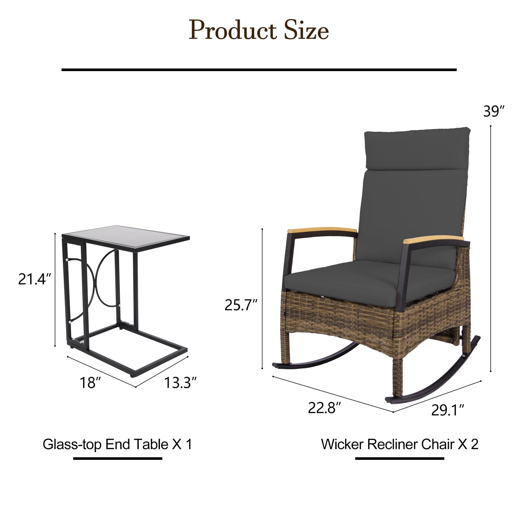 MAXXPRIME Outdoor Recliner Chairs, Adjustable Patio Recliner with C Shaped Glass Top Side Table, Wicker Reclining Lounge Chairs, Rocking Chairs with Removable Cushions for Pool,Deck(Dark Gray)