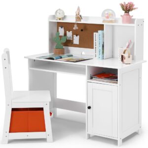 Kid's Study Desk and Chair Set for Boys & Girls – Wooden Ergonomic Design, Includes Built-In Chair Storage Bins & Bookshelf Organizer & Cork Bulletion Board, for Children Studying, Writing, Drawing