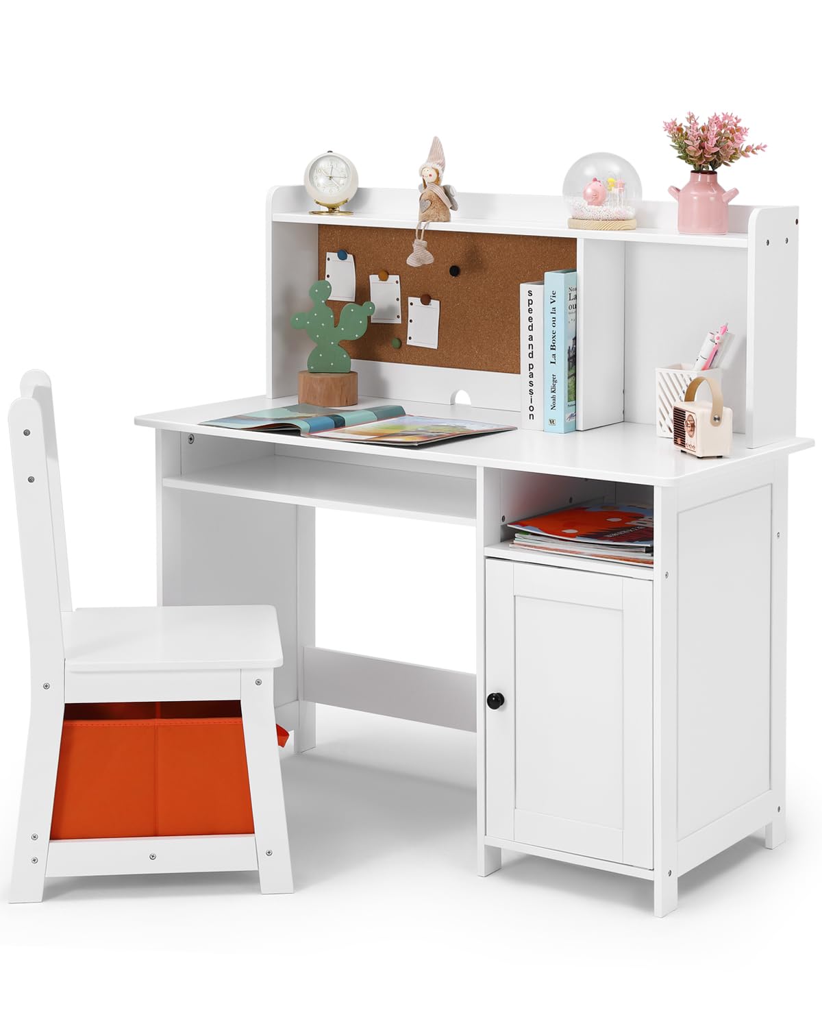 Kid's Study Desk and Chair Set for Boys & Girls – Wooden Ergonomic Design, Includes Built-In Chair Storage Bins & Bookshelf Organizer & Cork Bulletion Board, for Children Studying, Writing, Drawing