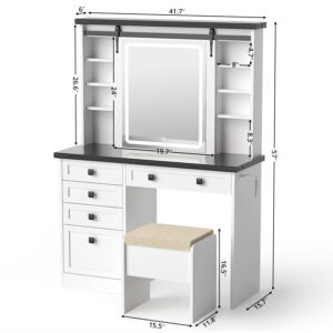 VOWNER Farmhouse Makeup Vanity Desk with Sliding Lighted Mirror & Power Outlet, Vanity Table Set with Hidden Shelves & 5 Drawers & Storage Stool for Bedroom