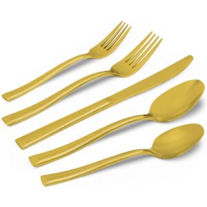 kikbioee 20-piece matte gold silverware set, forged stainless steel cutlery set, bevel handle flatware set, modern matte gold| dishwasher safe| service for 4