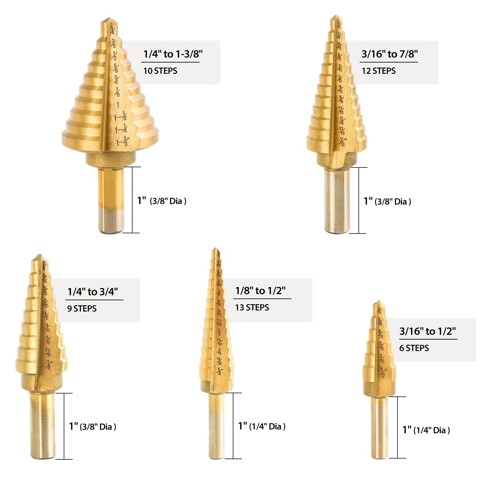 Aocoom Titanium-Coated Step Drill Bit Set for Metal, High-Speed Steel Stepped Drill Set, 50 Sizes with Automatic Center Punch, Includes Aluminum Case