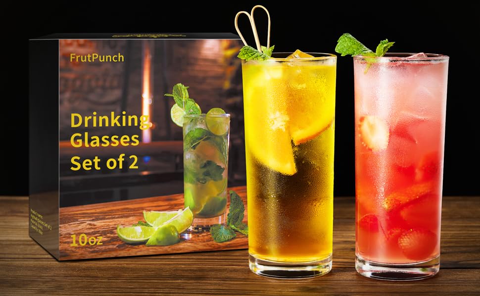 FrutPunch Highball Glasses Set of 2, 10 OZ Drinking Glasses, Lead-Free Crystal Cocktail Glasses, Water Glasses for Juice, Cocktails, Wine, Iced Tea, Mojitos Glassware Set