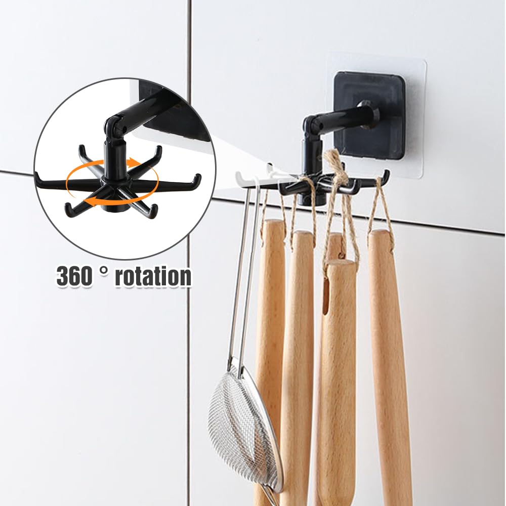 ehnoge 360°Rotating Self-Adhesive Utensil Hook, 2024 Upgrade Multi-purpose Hanging Utensil Holder Hooks Vertical Flip Hook, Rotating Folding Hook Self Adhesive Hook for Home (White,6 Hooks, 2pcs)