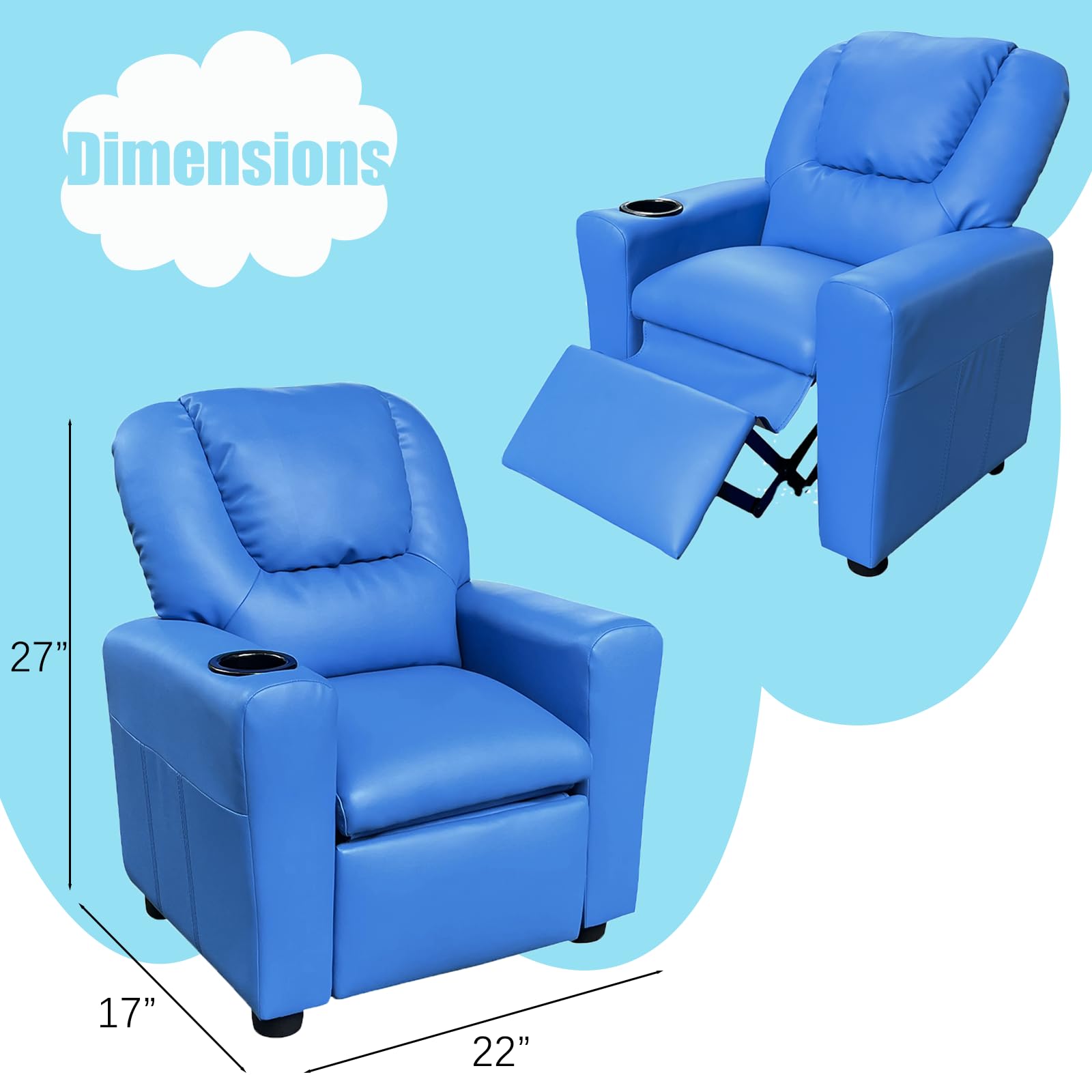 Majnesvon 2-in-1 PU Leather Kids Recliner Chair with Cup Holder, Modern Adjustable Single Sofa for Boys & Girls (Blue)