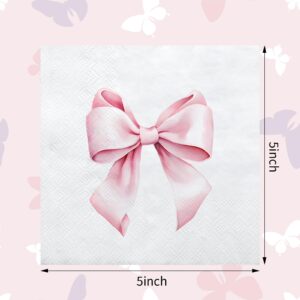 Crtiin 100 Pcs Bow Napkins 2 Ply 5 x 5 Inches Bachelorette Party Bow Theme Party Decorations Bridal Engagement Baby Shower Tableware Coquette Supplies Tea Party Girls Birthday Napkins Decor (Pink)