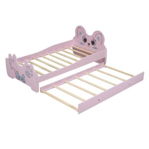 Merax Children Cat-Shaped Platform Bed with Trundle, Wooden Bedframe, No Box Spring Needed, Twin Size, Pink