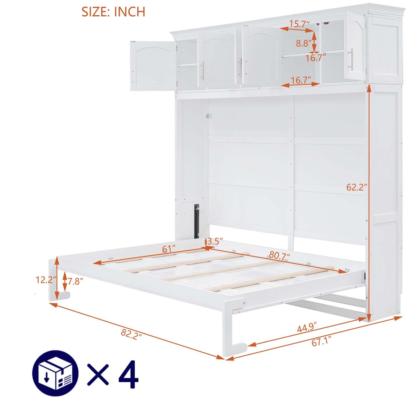 Firscook Queen Size Murphy Bed Wall Bed with Top Storage Shelves,Solid Wood Wall Bed, Multi-Functional Folding Bed Cabinet Night/Day Furniture, Space-Saving and Sturdy Slat Support, White