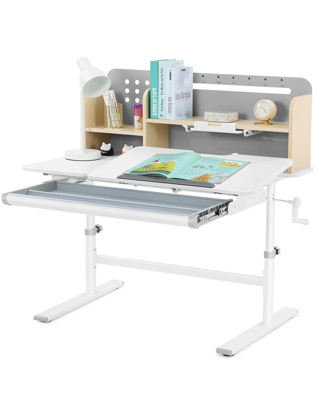 COSVALVE 39in Wide Adjustable Height Kids Desk with Tilting Desktop, Steel Frame, Drawer, and Bookshelf Hutch, Study Child Table for Ages 3-12, Grey