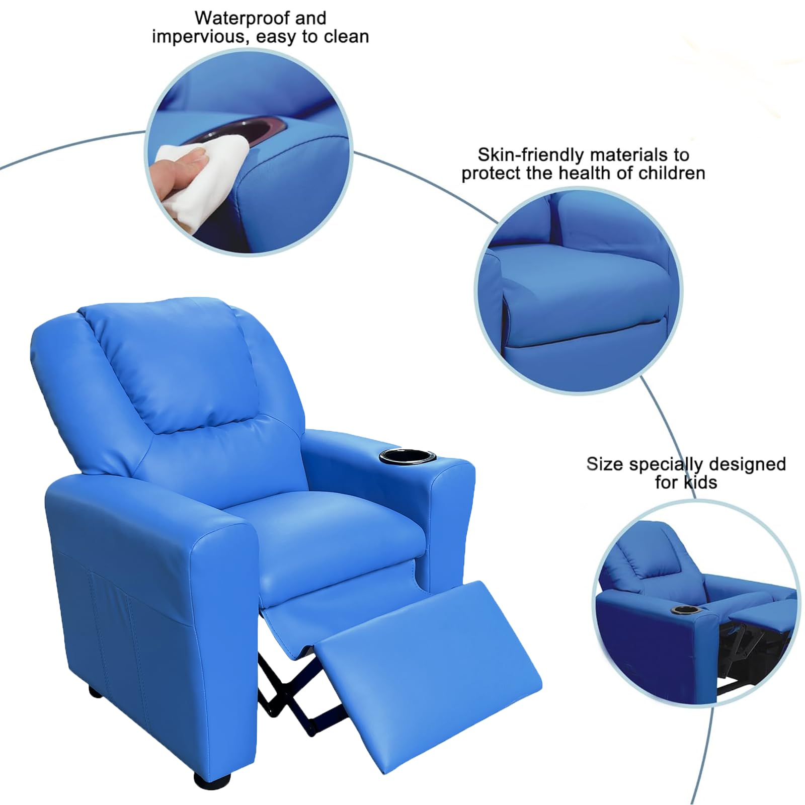 Majnesvon 2-in-1 PU Leather Kids Recliner Chair with Cup Holder, Modern Adjustable Single Sofa for Boys & Girls (Blue)