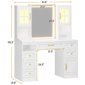 BTHFST White Vanity Desk with Touch Screen Mirror and Lights, Large Makeup Vanity with RGB Light Cabinets & Charging Station, 6 Drawers, 5 Jewelry Hooks, Vanity Table with Lighted Mirror