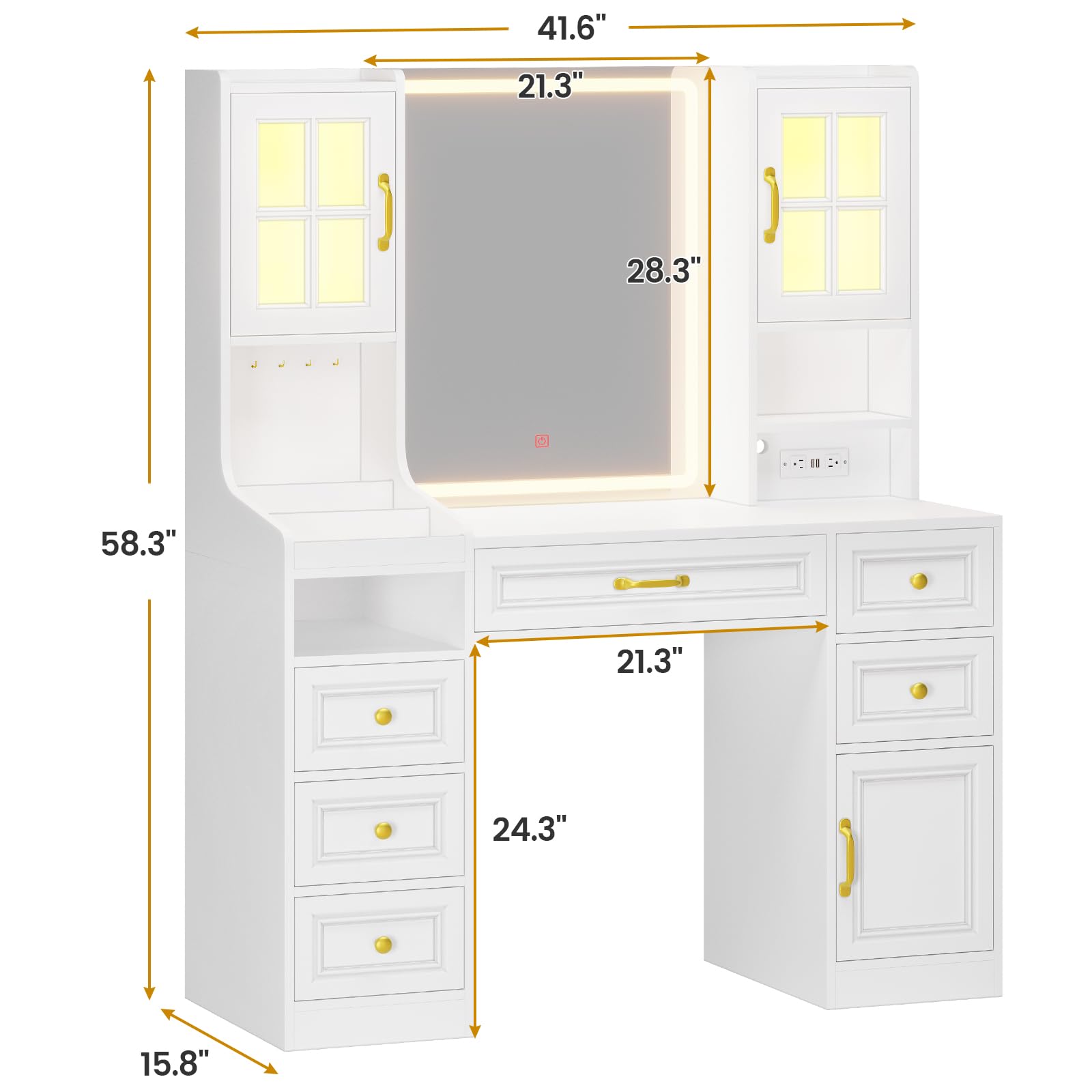 BTHFST White Vanity Desk with Touch Screen Mirror and Lights, Large Makeup Vanity with RGB Light Cabinets & Charging Station, 6 Drawers, 5 Jewelry Hooks, Vanity Table with Lighted Mirror