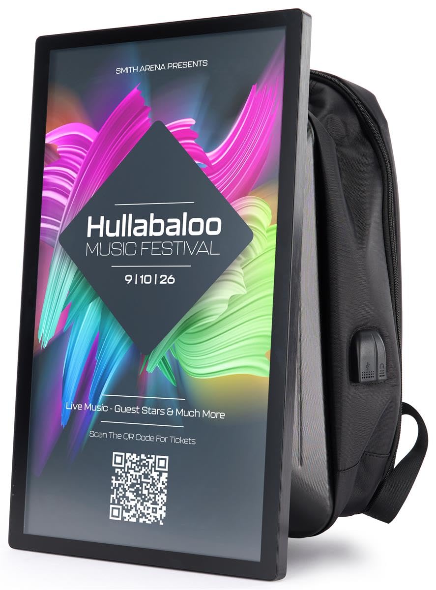 21.5" Digital Backpack Billboard with Anti-Glare LCD Screen, LED Backlit Non-Touch Panel, Wearable Video Screen for Advertising, Rechargeable Battery Power Up to 8 Hours