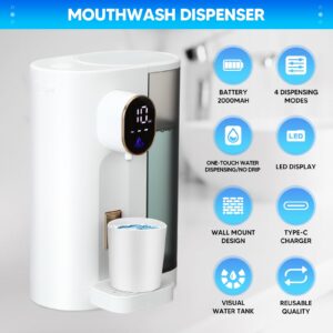 DeeWaves Automatic Mouthwash Dispenser for Bathroom,20.29 Fl Oz Smart MouthWash Dispenser for Kids and Adult with Magnetic Cups, 4 Dispensing Levels,LED Screen,Wall Mounted Dispenser,USB Rechargeable