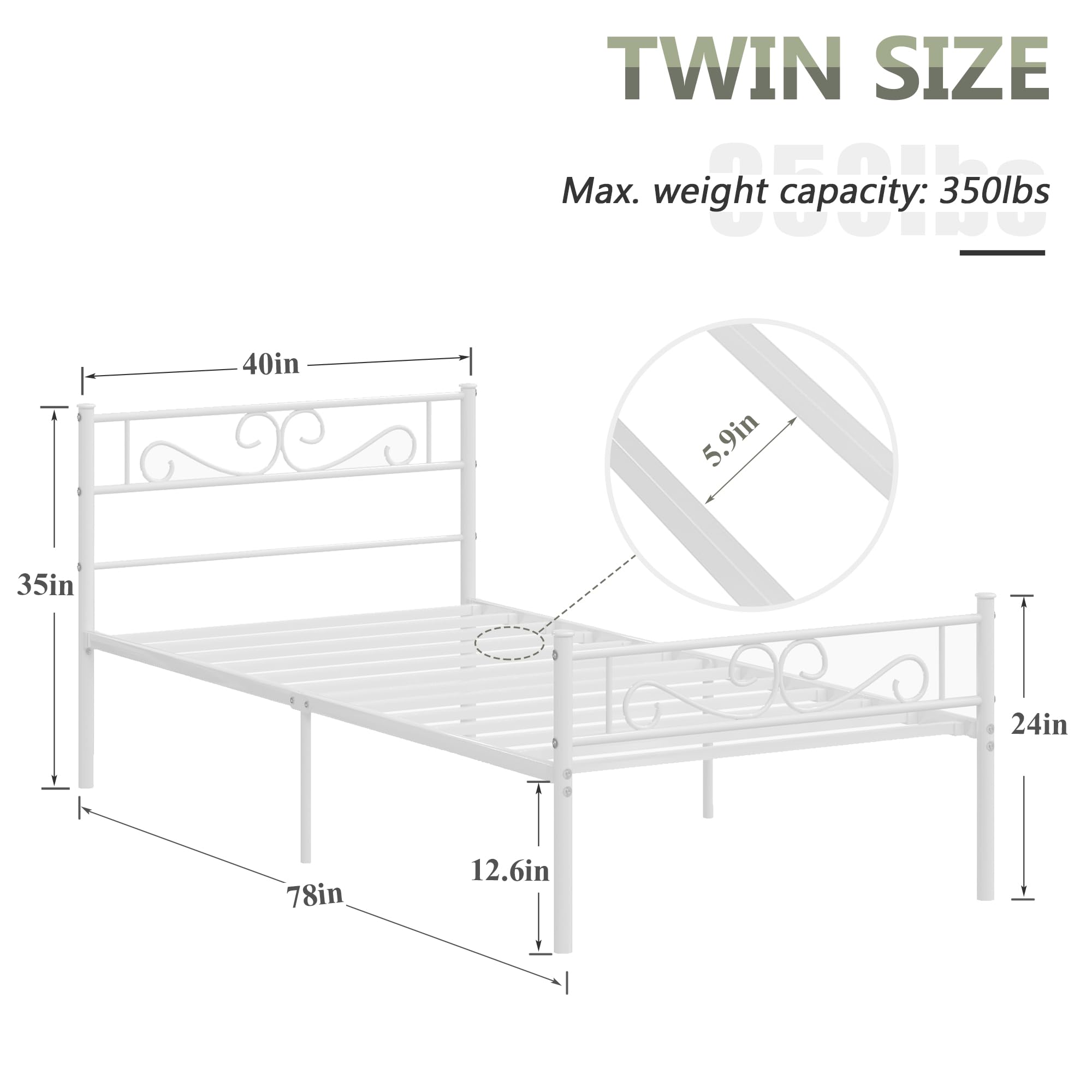 VECELO Twin Size Bed Frame with Headboard, 14 Inch Metal Platform Mattress Foundation, No Box Spring Needed, Easy Assembly, 2 PCS, White