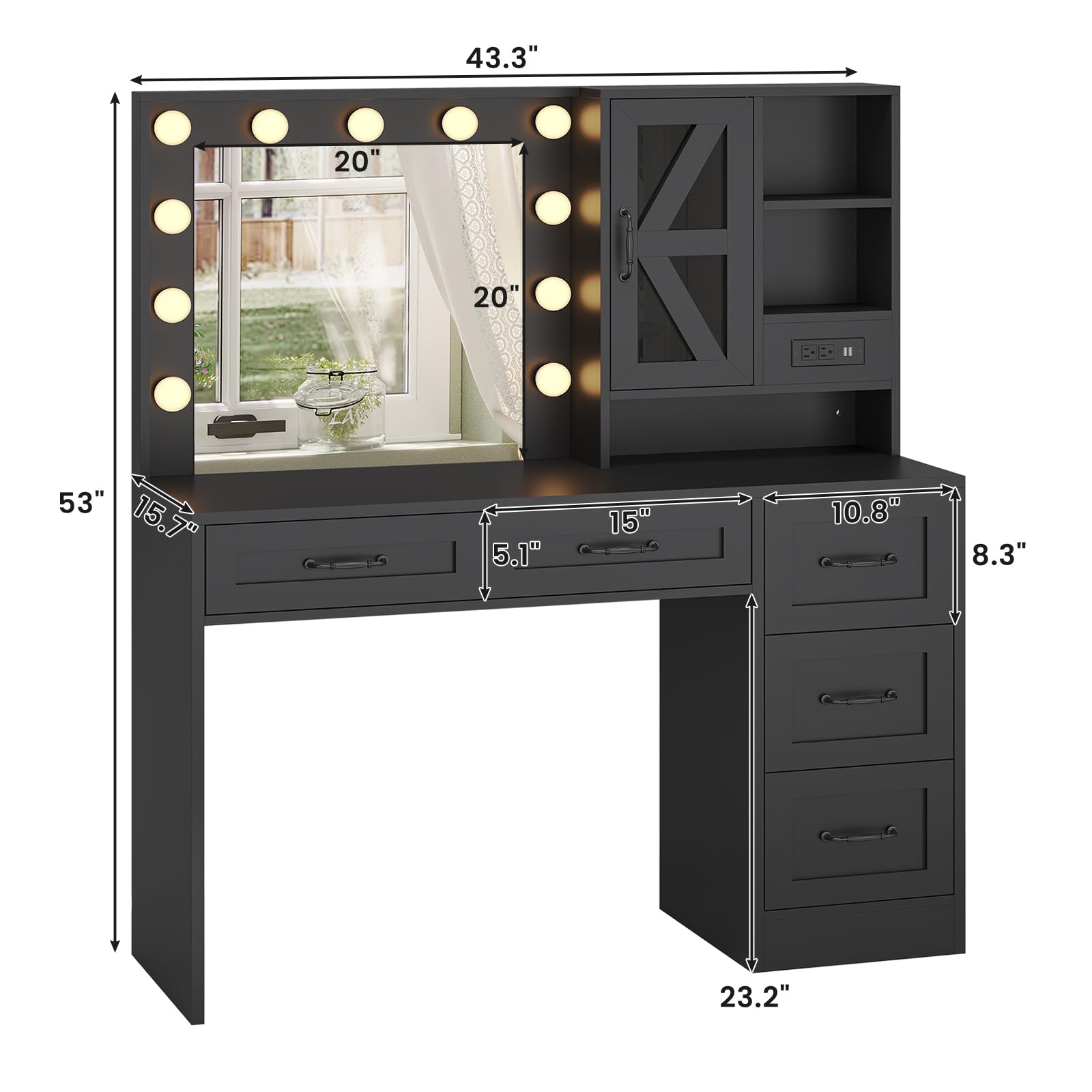 HAUOMS Farmhouse Vanity Desk with Mirror, 11 Hollywood LED Lights & Power Outlet, 43" Makeup Vanity Table with 5 Drawers, Cabinet & Shelves, 3 Color Modes, for Bedroom, Women, Black