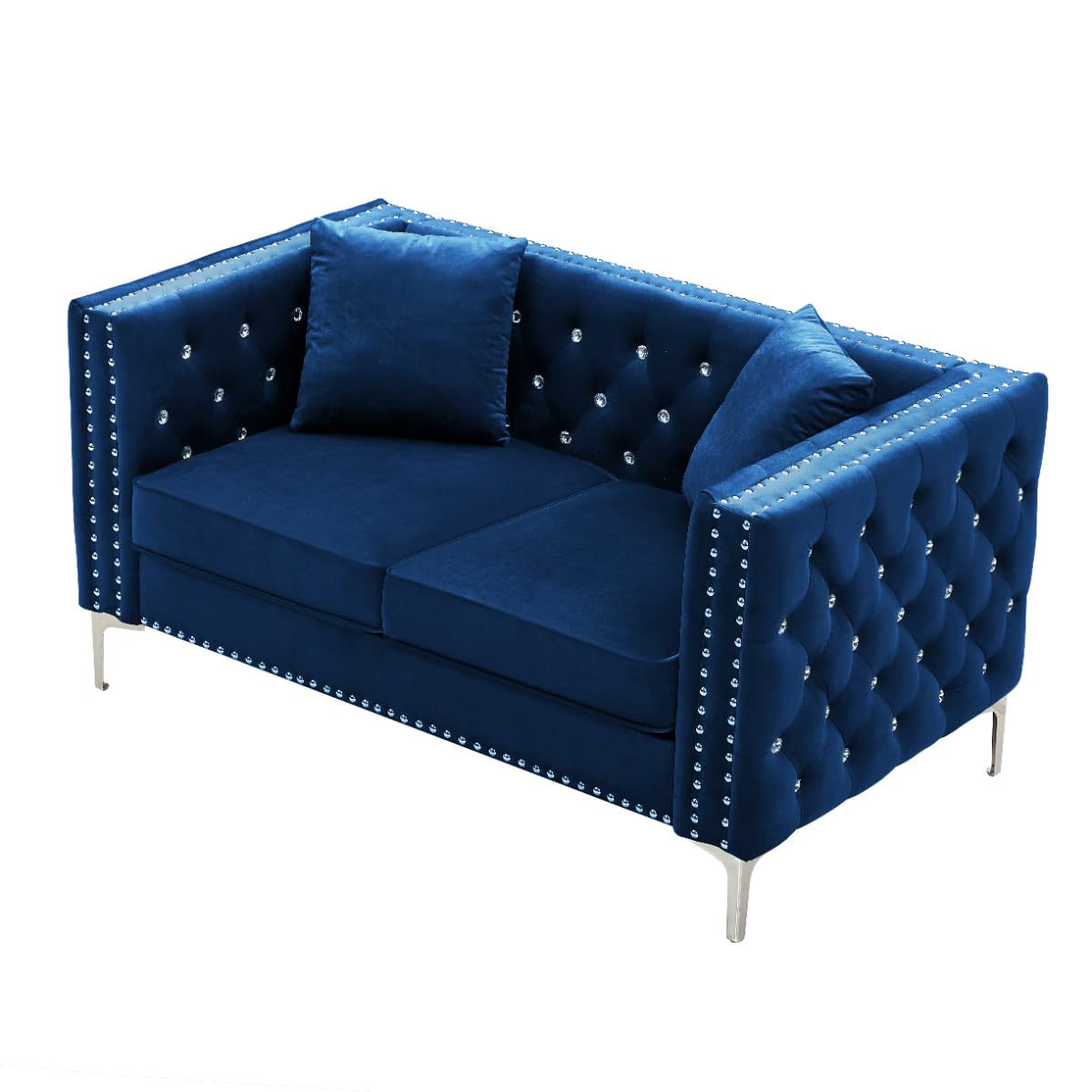 MAKIAAP 59.4 Inches Blue Loveseat Sofa Couch with Velvet Upholstered,Jeweled Buttons,Metal Legs,2 Seats Chaise with Armrest and 2 Throw Pillows