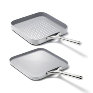 Caraway Griddle Pan & Grill Pan Duo - Non-Stick Ceramic Coated - Non Toxic, PTFE & PFOA Free - Oven Safe & Compatible with All Stovetops – Gray