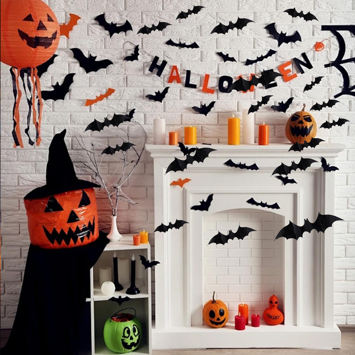 Lonfehaps 100 Pcs Bats Halloween Decoration Wall Stickers, 3D Halloween Bats Waterproof Wall Stickers 4 Size Black PVC Bat Wall Decal for Halloween Bathroom Home Decor Room Party Decor