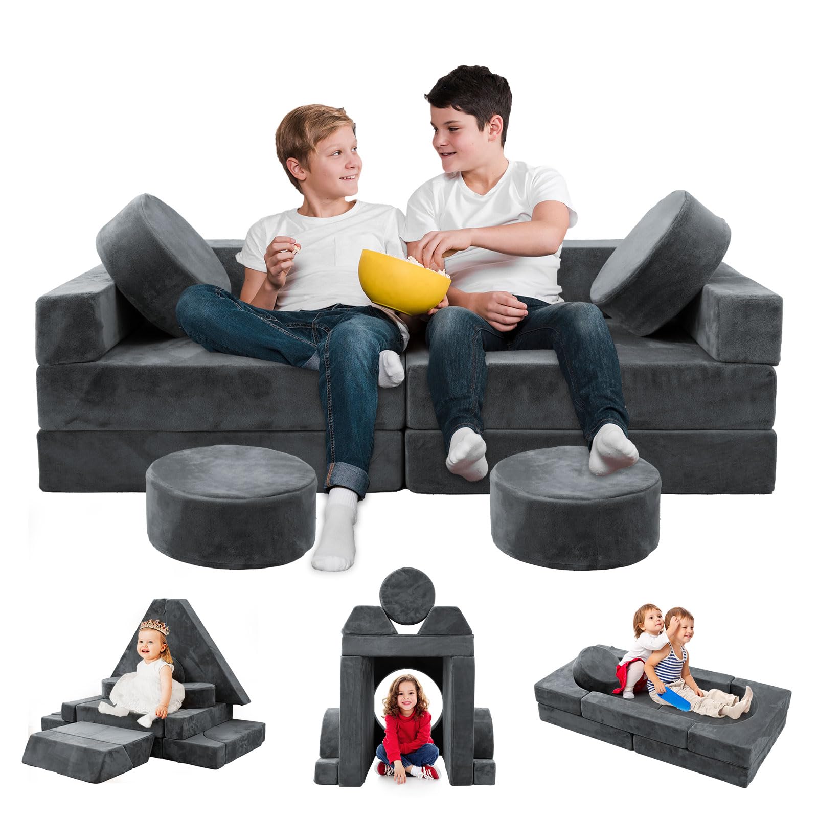 HOMFINE 16pcs Modular Kids Play Couch, Nugget Couch Kids Toddler Couch, Child Sectional Sofa, Versatile Kid Couch for Playroom Bedroom, Convertible Foam and Floor Cushion for Boys and Girls, Dark Grey