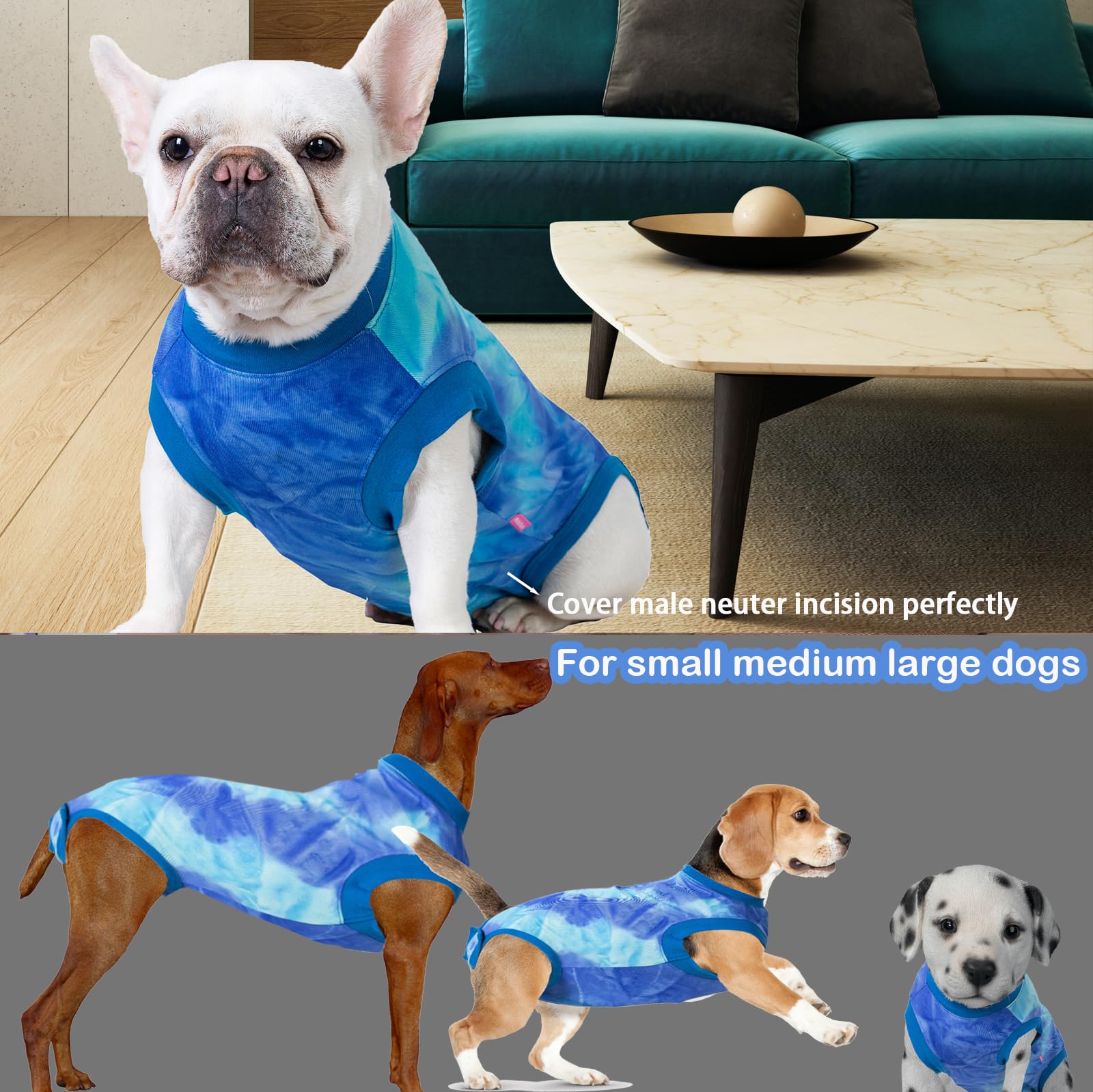 Wabdhaly Dog Zipper Recovery Suit for Male Neuter Surgery,Male Dog Recover Onesie,Dogs Abdominal Wounds Sutures Bodysuit,E-Collar & Cone Alternative Surgical Large Recovery Suit,Tie Dye Blue Small