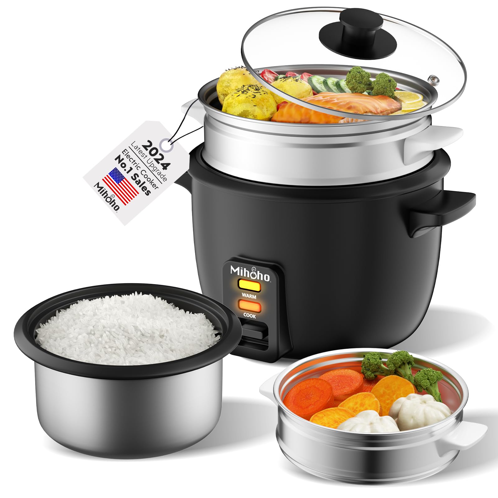 Rice Cooker, 2L Rice Cooker with Food Steamer, Rice Steamer with Non-Stick Inner Pot Makes Soups, Stews, Grains, Cereals, Keep Warm Feature (Black)