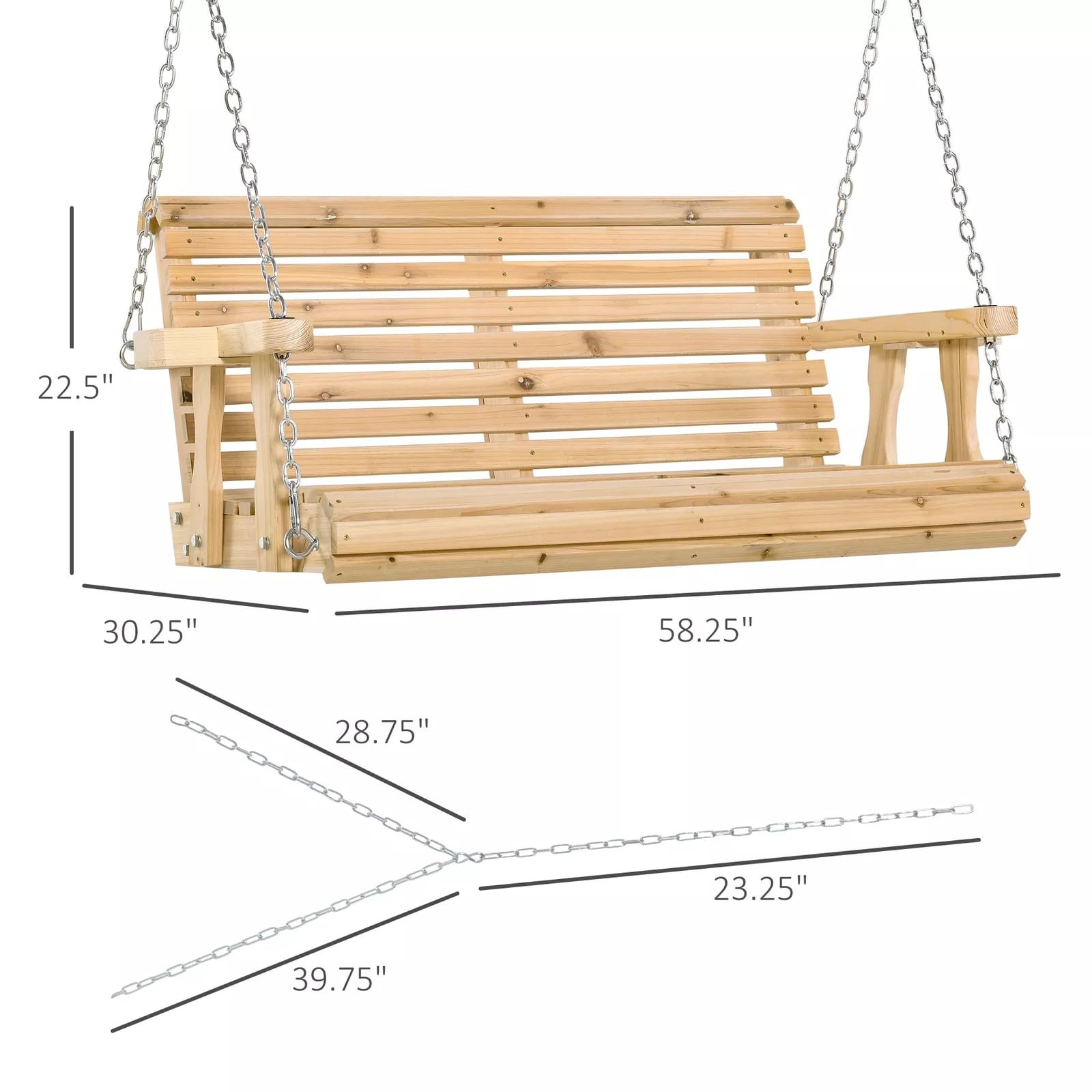 VcJta Wooden Porch Swing BENCH Folding Table - 3-Seater Outdoor Furniture Chains PU Coating Weatherproof