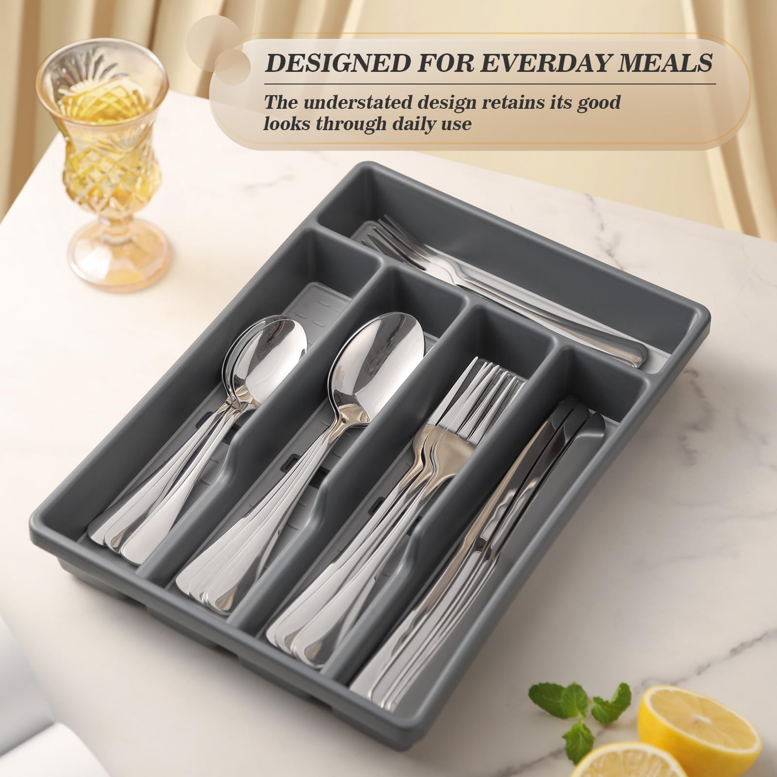 20-Piece Silverware Set with Organizer，Heavy Duty Stainless Steel Flatware Cutlery Tableware Set for 4，Includes 5-Compartment Silverware Tray with Cutlery Icons，First Apartment Kitchen Essentials