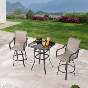 ARTLOFT 3 Piece Patio Bar Set Outdoor High Top Table and Chairs 360° Swivel Chairs Tall Patio Table with Tempered Glass Top Outdoor Bistro Furniture for Porch, Yard, Garden, Balcony, Deck (Grey)