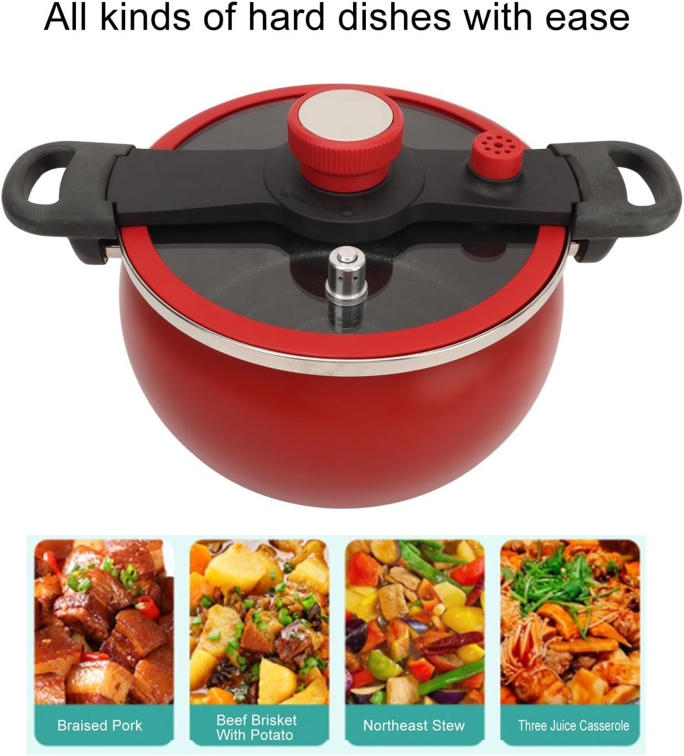 7L Pressure Cooking Pot Anti Stick Heat Resistant Pressure Cooker Binaural Clip Quick Cooking Pot with Visual Pot Lid for Induction, Gas Stove, Electric Stove (Red)