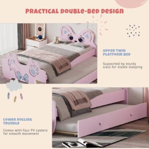 Merax Children Cat-Shaped Platform Bed with Trundle, Wooden Bedframe, No Box Spring Needed, Twin Size, Pink