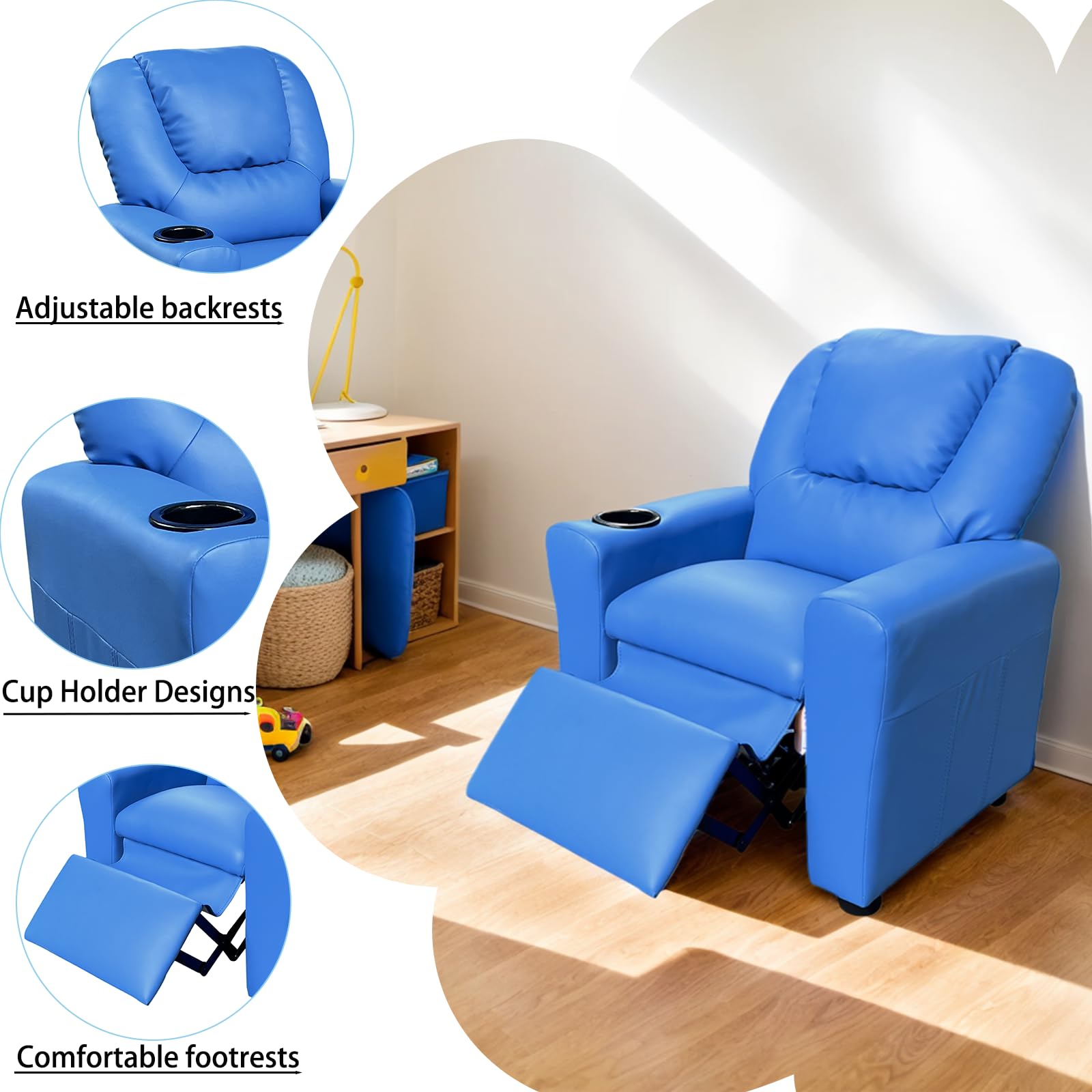 Majnesvon 2-in-1 PU Leather Kids Recliner Chair with Cup Holder, Modern Adjustable Single Sofa for Boys & Girls (Blue)