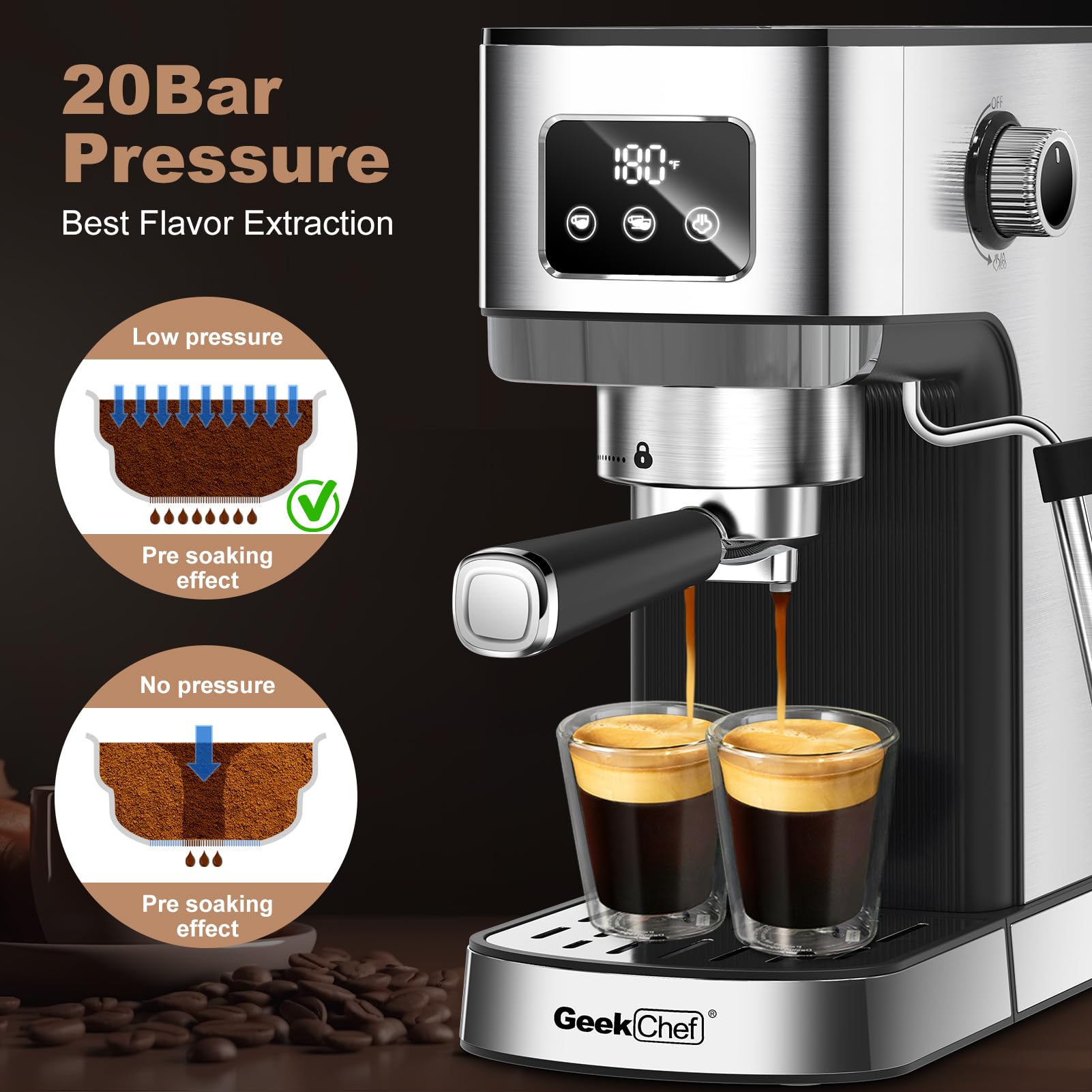 Geek Chef Espresso and Cappuccino Machine, Stainless Steel Espresso Coffee Machine with Removable Water Tank, Prefect Gift for Dad Mom