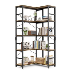 appolyn corner shelf, 5 tiers corner bookshelf, wood and metal bookcase storage shelf, tall corner cabinet for living room, bedroom, home office and kitchen