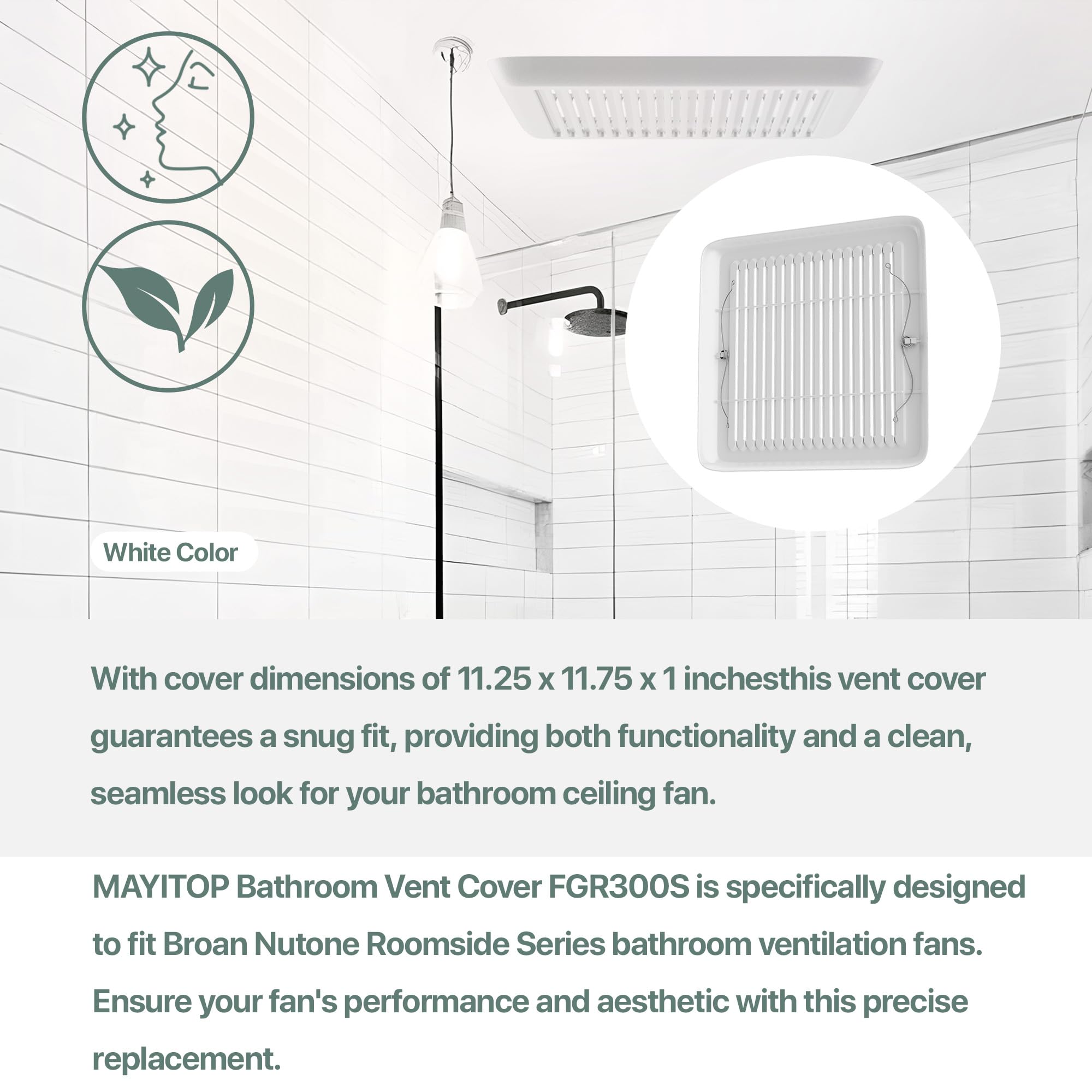 MAYITOP Bathroom Vent Cover FGR300S with Springs - Replacement Grille for Broan Nutone Roomside Bathroom Vent Fan Cover dimensions: 11.25 x 11.75 x 1 inches, Housing: 9.25 x 10 inches, White