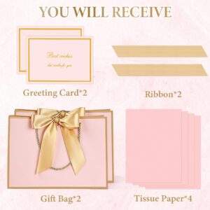 JMANNI Gift Bags, Small Gift Bags, 2Pcs Paper Gift Bag with 4 Tissue Paper and 2 Greeting Cards, Present Bags with Handles for Women Girls Bridesmaid Birthday Valentines Wedding Party (Pink-Golden)