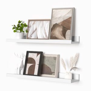 heimlove picture ledge shelf, floating shelves set of 2, 24 inches picture shelf for wall with ledge, kids bookshelf wall mounted for living room bedroom decor books photo frames - white