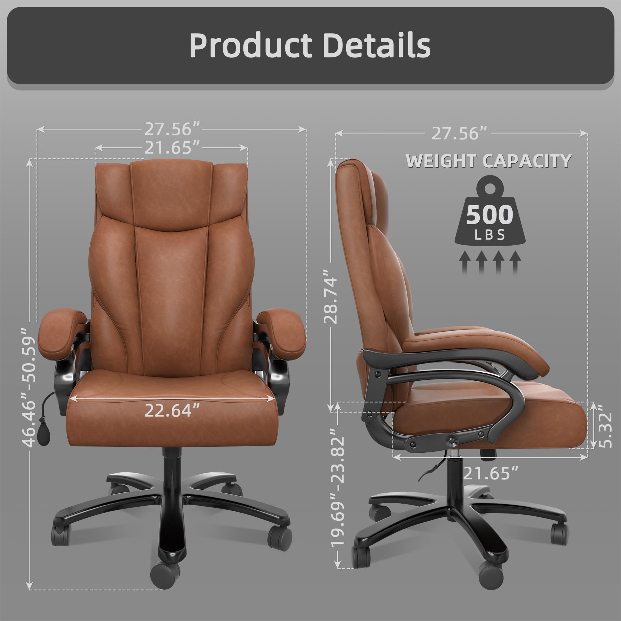 TAKSCO 500LBS Big and Tall Office Chair, Heavy Duty Leather Executive Office Computer Desk Chair with Wheels and Arms, Comfy X Wide Ergonomic High Back Office Desk Chair with Lumbar Support, Brown