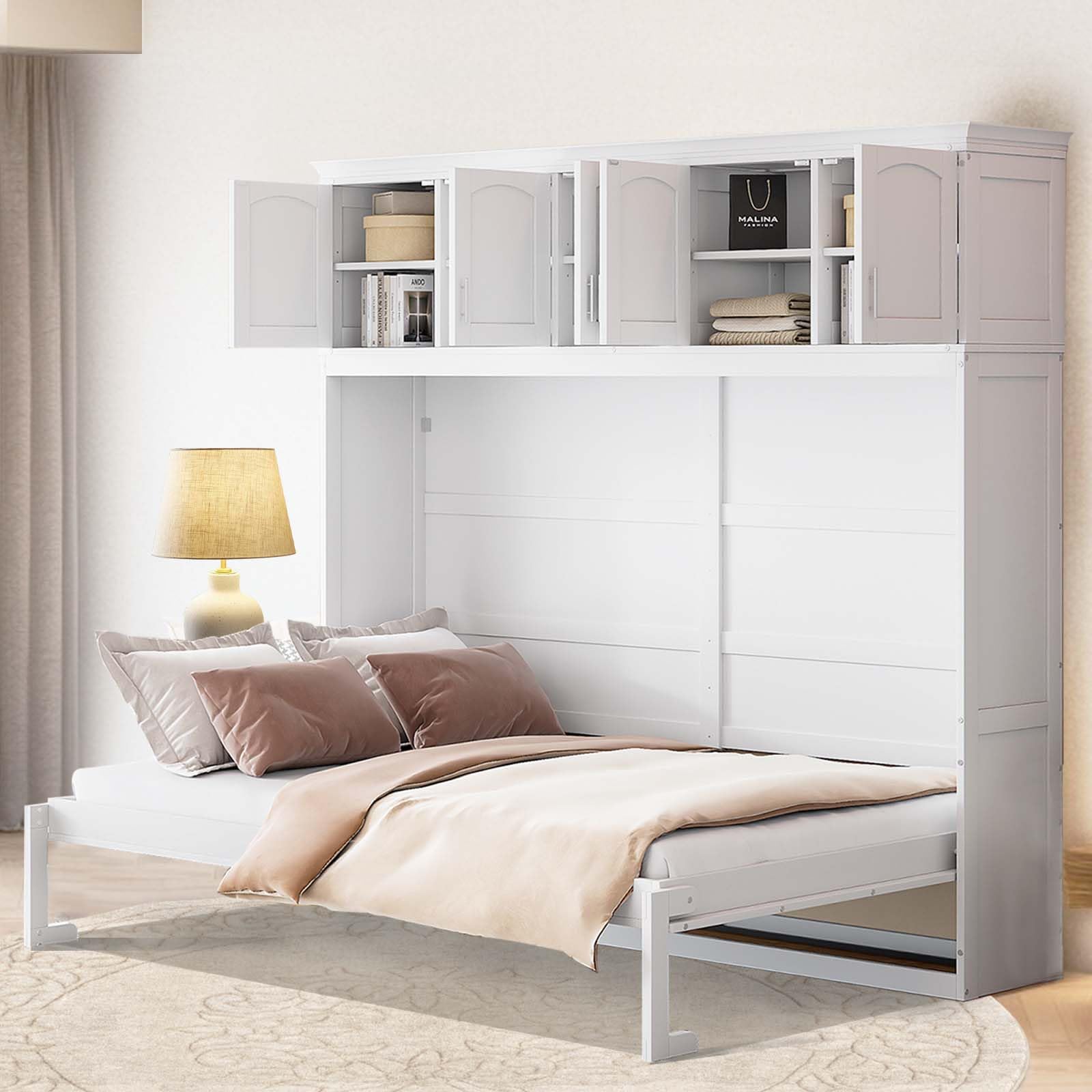 Firscook Queen Size Murphy Bed Wall Bed with Top Storage Shelves,Solid Wood Wall Bed, Multi-Functional Folding Bed Cabinet Night/Day Furniture, Space-Saving and Sturdy Slat Support, White