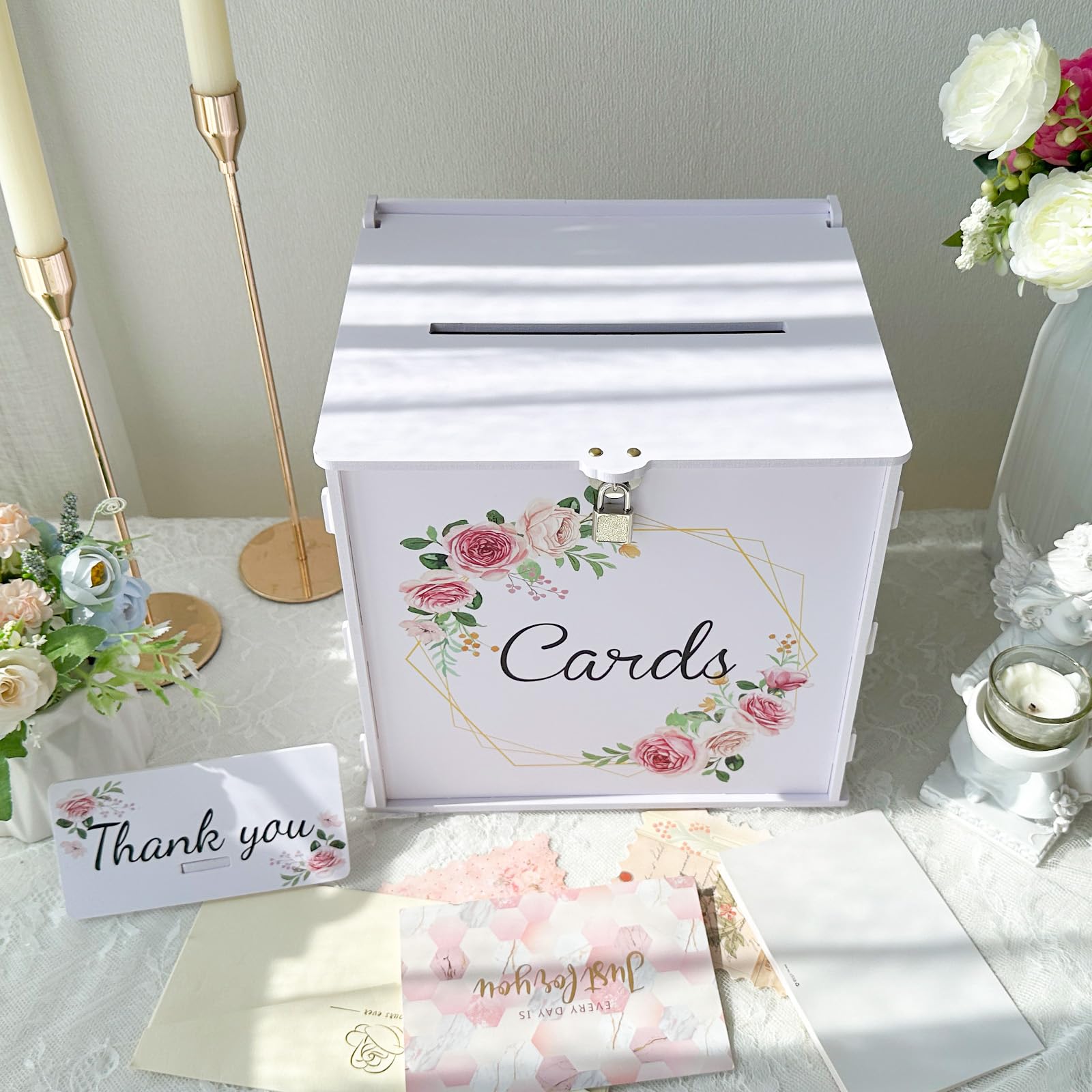 GUDELAK White Wedding Card Box with Lock, PVC Gift Card Box for Wedding Decorations, Money Index Card Box for Party Reception Anniversary Honeymoon Fund Bridal Baby Shower