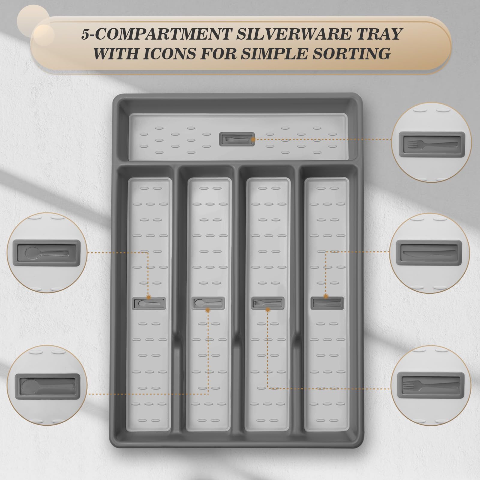 20-Piece Silverware Set with Organizer，Heavy Duty Stainless Steel Flatware Cutlery Tableware Set for 4，Includes 5-Compartment Silverware Tray with Cutlery Icons，First Apartment Kitchen Essentials