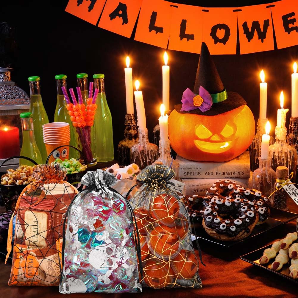 HRX Package 100pcs Halloween Organza Bags 4x6 inch, Mesh Candy Bags Drawstring, Small Goodie Bags for Treats, Jewelry, Party Favor